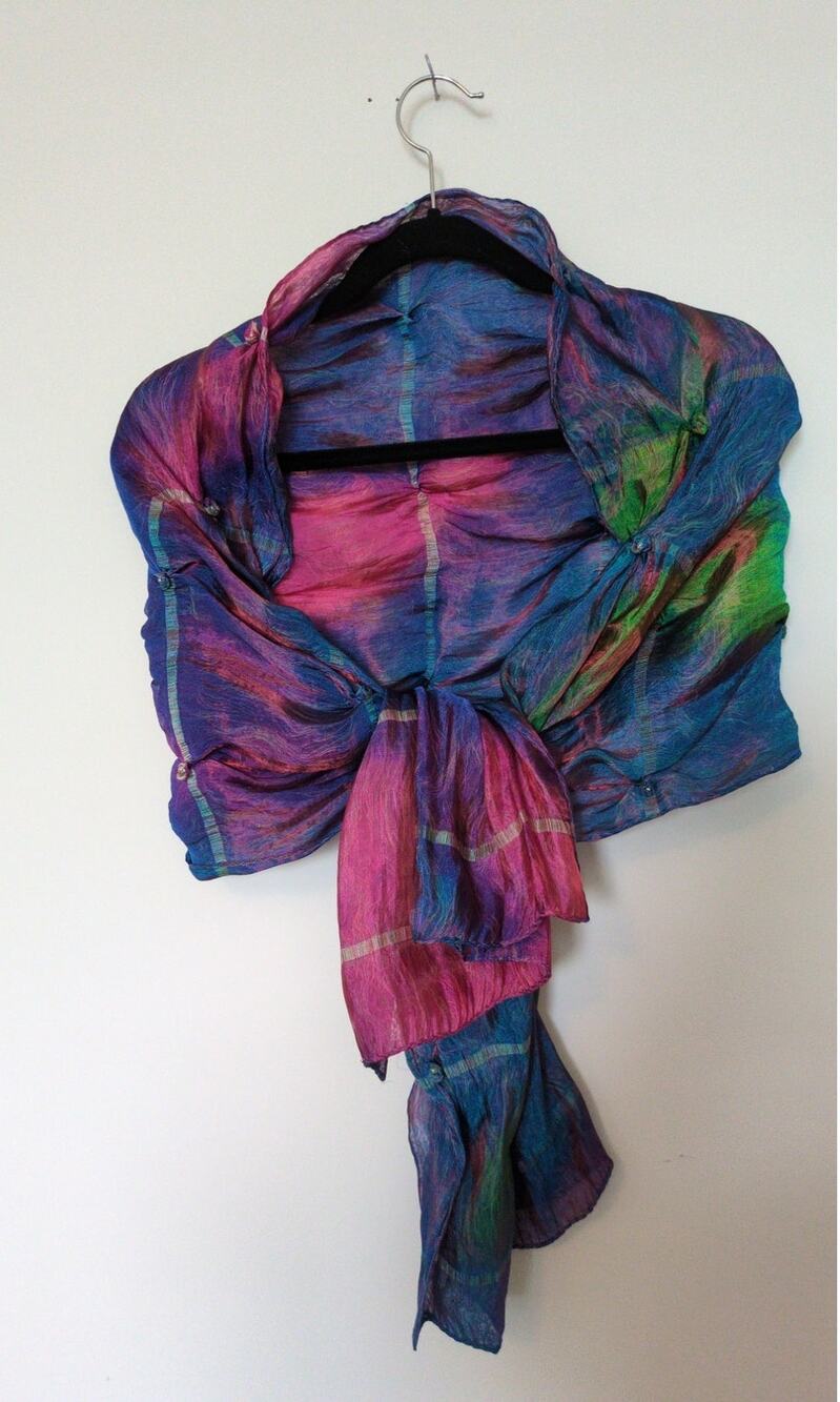 Italian Jewel Tone Silk Scarf Beaded Puckered Boho Wrap Shawl 65x18 Handmade Vtg